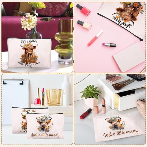 Highland Cow Print Makeup Bag 4PCS Cute Highland Cow Makeup Bags Party Supplies - Picture 5 of 6